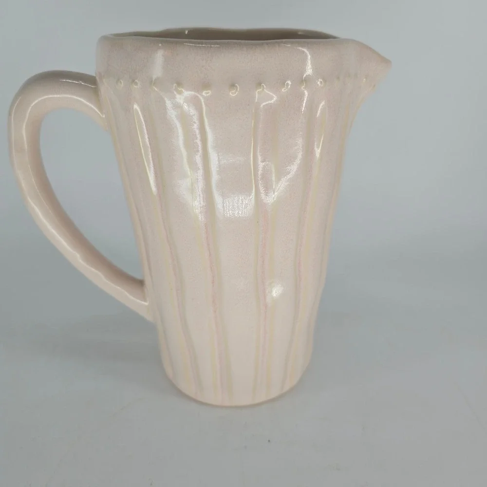 Vintage Pink Ceramic Pitcher Pearlescent Vase Crock Cottage Farmhouse Decor